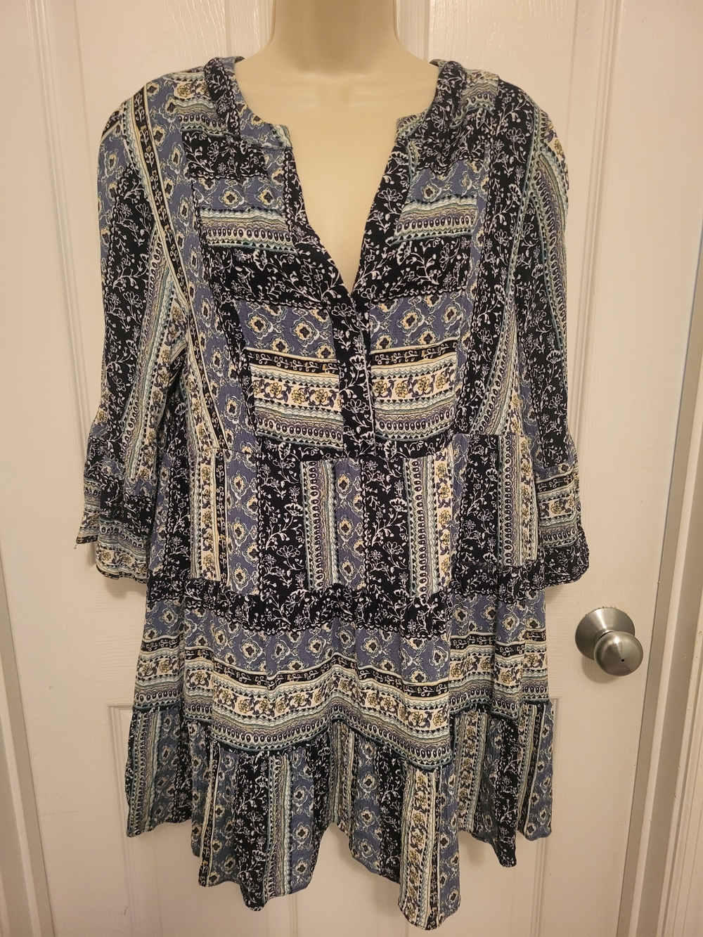 Cato Blue and Navy Printed Boho Tunic Top